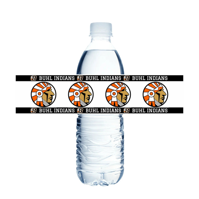 Plastic water bottle wrapped with twelve Buhl Indians logo labels featuring an orange and white Native American headdress design and black text bands.