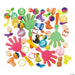 Colorful assortment of fifty novelty toys including green and pink hand-shaped grabbers, textured balls, animal figurines, whistles, spinning tops, and small plush toys in bright colors arranged on white background.