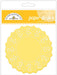 Package of 75 yellow paper doilies with white eyelet cutout pattern and scalloped edges, branded as Doodlebug Design Inc. Paper Doilies Bumblebee collection.