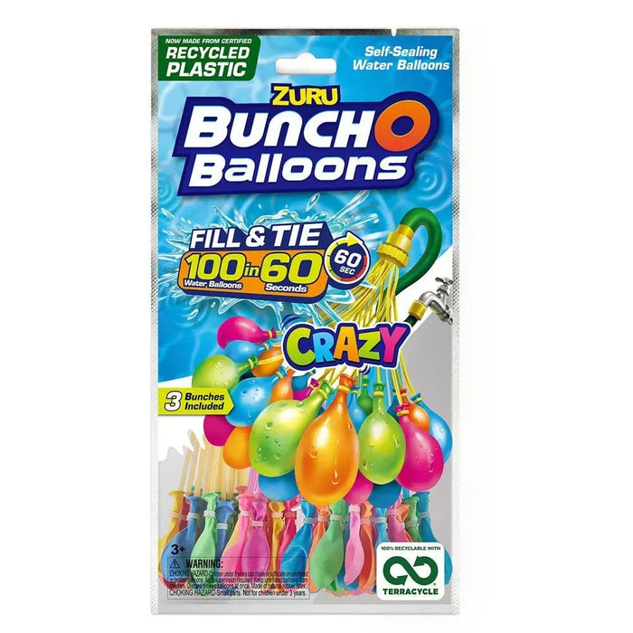 Zuru Bunch O Balloons package displaying 100 self-sealing water balloons in bright colors including pink, orange, yellow, green, and blue, with three bunches of pre-tied balloons shown and a fill-and-tie mechanism visible at the top.
