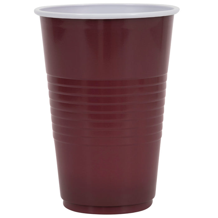 Burgundy plastic cup with white rim and horizontal ridges around the lower half, shown from a front angle.