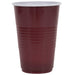 Burgundy plastic cup with white rim and horizontal ridges around the lower half, shown from a front angle.
