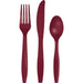 Three burgundy plastic utensils arranged vertically: a fork on the left, knife in the middle, and spoon on the right.