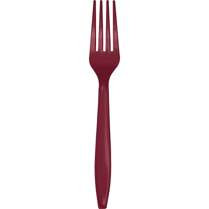Burgundy plastic fork with four tines and a tapered handle, shown against a white background.