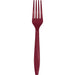 Burgundy plastic fork with four tines and a tapered handle, shown against a white background.