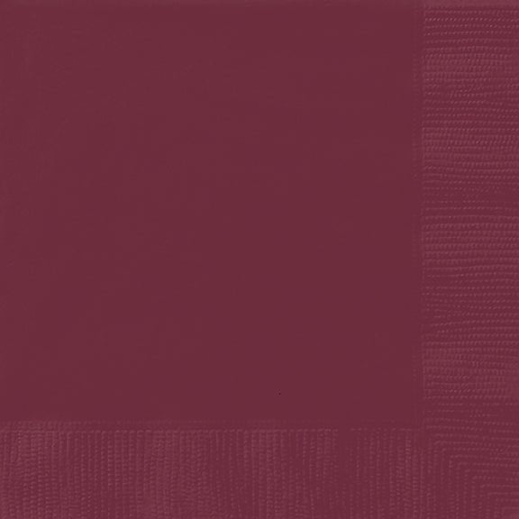 Stack of fifty burgundy luncheon napkins with a textured weave pattern visible along the edges.