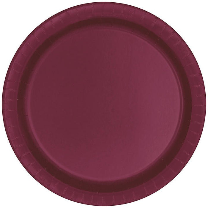Burgundy paper plate with a ridged border and smooth center surface, shown from directly above.