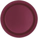 Burgundy paper plate with a ridged border and smooth center surface, shown from directly above.