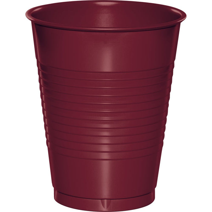 Burgundy plastic cup with horizontal ribbed texture and rounded rim, 16-ounce capacity.
