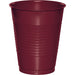 Burgundy plastic cup with horizontal ribbed texture and rounded rim, 16-ounce capacity.