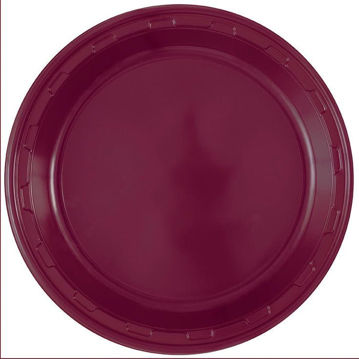 Burgundy plastic dinner plate with a ridged rim, shown from above against a white background.