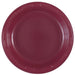 Burgundy plastic disposable plate with ridged rim detail, shown from above on a white background.