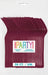 Package of 50 heavy-duty burgundy plastic forks with colorful "Party!" branding and text indicating they are reusable and dishwasher safe.