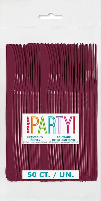 Package of 50 burgundy heavy-duty knives with colorful Party branding and text indicating ultra-resistant utensils.