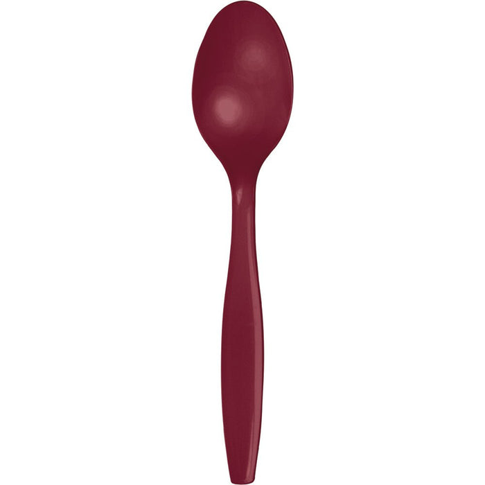 Burgundy plastic spoon with an oval bowl and tapered handle against a white background.