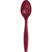 Burgundy plastic spoon with an oval bowl and tapered handle against a white background.