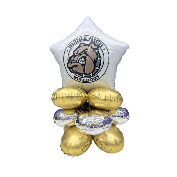 White star-shaped foil balloon displaying a bulldog logo with "Burke High" and "Bulldogs" text, positioned above four gold and silver round foil balloons arranged in a cluster.
