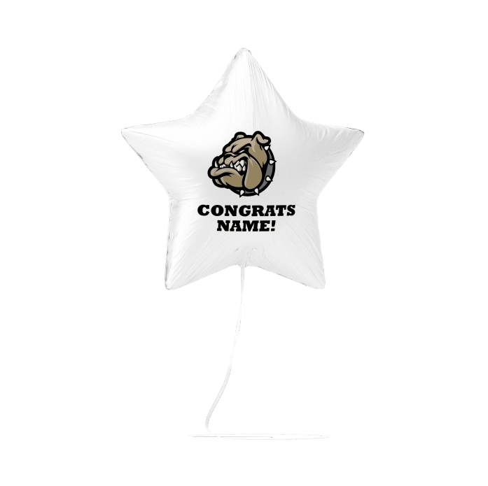 White star-shaped mylar balloon featuring a tan bulldog mascot and text reading "CONGRATS NAME!" with a white ribbon attached.