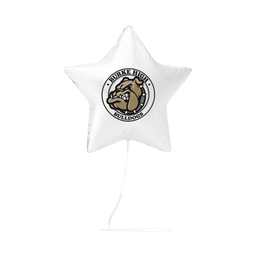 White star-shaped mylar balloon featuring a tan and black bulldog mascot logo with "Burke High Bulldogs" text in a circular seal design.