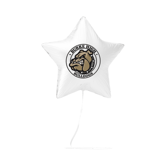 White star-shaped mylar balloon featuring a tan and black bulldog mascot logo with "Burke High Bulldogs" text in a circular seal design.