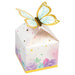 White favor box with colorful heart confetti design and gold butterfly topper with translucent wings on the lid.