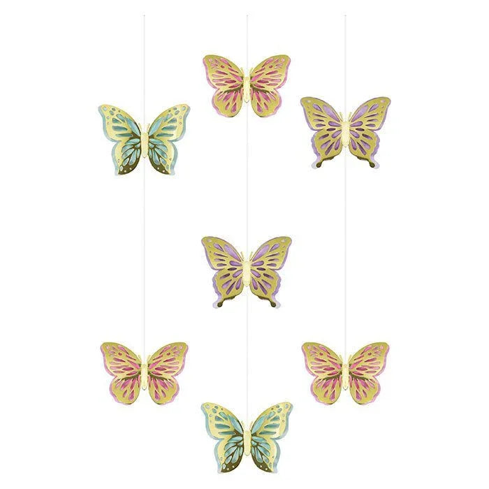 Six decorative butterfly cutouts in yellow and pink with shimmering finishes arranged vertically on strings for hanging display.