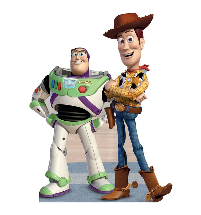 Buzz Lightyear in a white, green, and purple space ranger suit stands next to Woody in a tan cowboy outfit holding a toy horse.