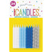 Package of 24 spiral birthday candles in white, light blue, dark blue, and silver arranged in vertical rows on a yellow background.