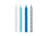 Four tall spiral birthday candles in white, light blue, dark blue, and gray arranged side by side.