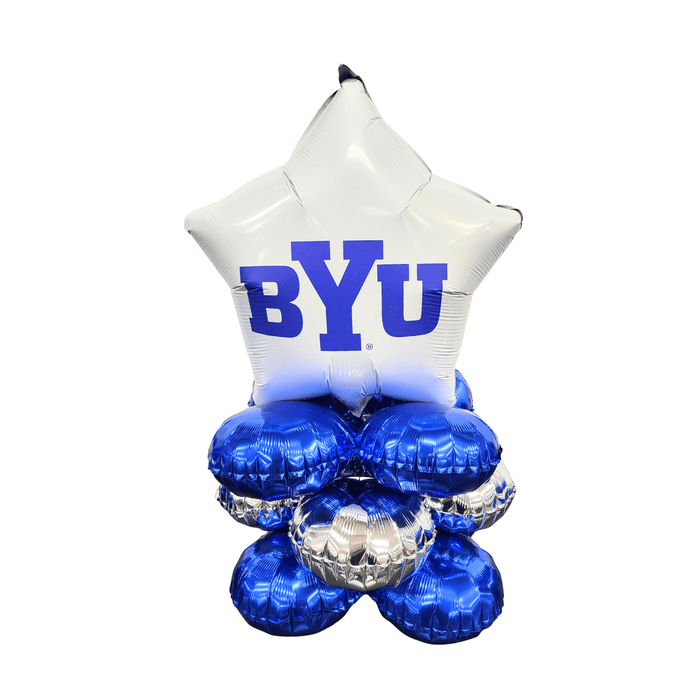 White star-shaped foil balloon with blue BYU text positioned above four blue and silver metallic round balloons arranged in a cluster.