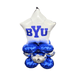 White star-shaped foil balloon with blue BYU text positioned above four blue and silver metallic round balloons arranged in a cluster.