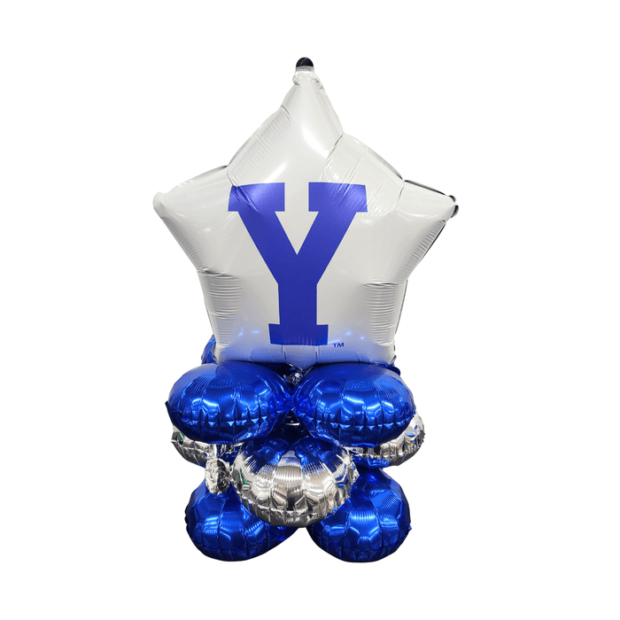 White star-shaped foil balloon with blue Block Y logo on top, supported by four blue metallic round balloons at the base.
