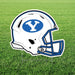 White football helmet with blue "Y" logo and blue facemask on a yard sign stake displayed on grass.