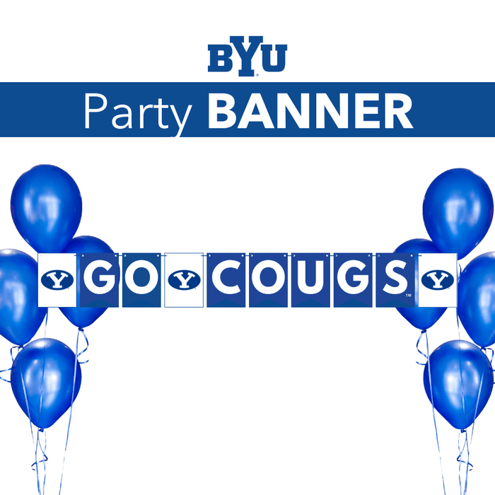 BYU party banner featuring blue and white pennants spelling "GO COUGARS" with the Y logo, decorated with blue balloons on each side.