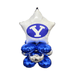 White star-shaped foil balloon with blue oval logo featuring white "Y" sits atop four blue metallic round balloons with silver accents arranged in a cluster.
