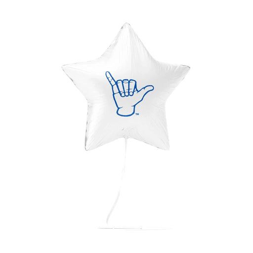 White star-shaped mylar balloon featuring a blue shaka hand gesture logo with a trademark symbol.