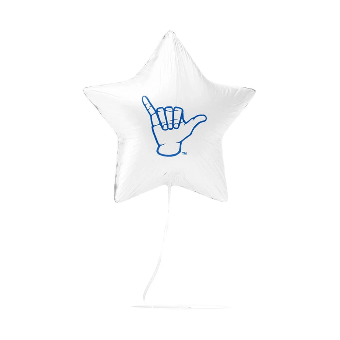 White star-shaped mylar balloon featuring a blue shaka hand gesture logo with a trademark symbol.