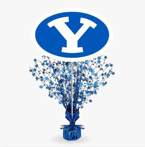 Blue oval logo with white Y above a blue vase containing a burst of star-shaped sprays in varying shades of blue, approximately 14 inches tall.