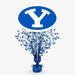Blue oval logo with white Y above a blue vase containing a burst of star-shaped sprays in varying shades of blue, approximately 14 inches tall.