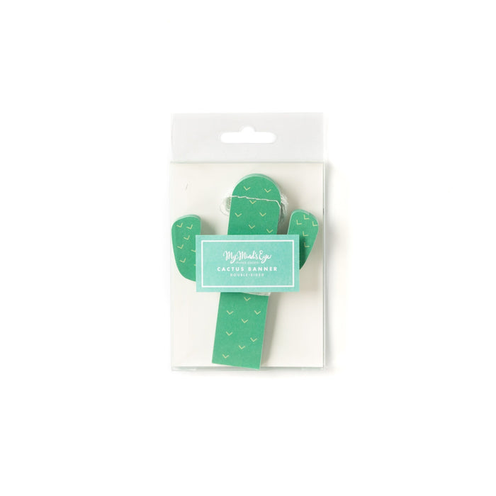 Green fabric cactus-shaped banner with white stitch details and mint label reading "My Mind's Eye Cactus Banner Double-Sided" displayed in clear packaging with hang tab.