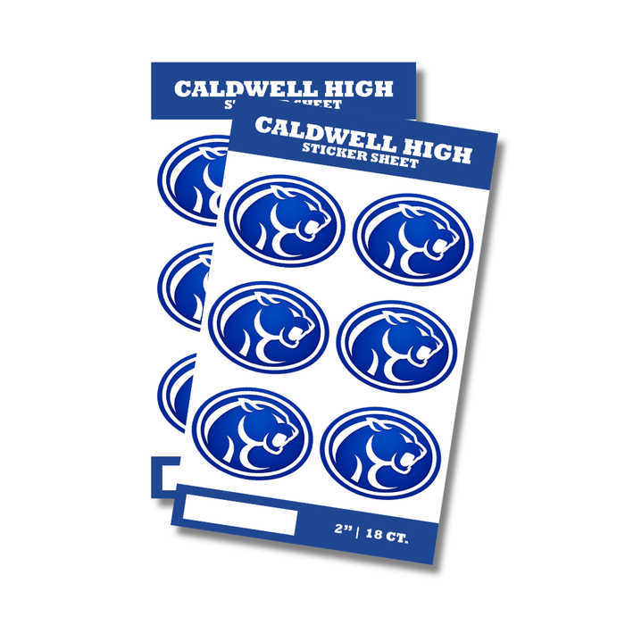 Sheet of blue and white stickers with a logo, labeled 'Caldwell High School'.