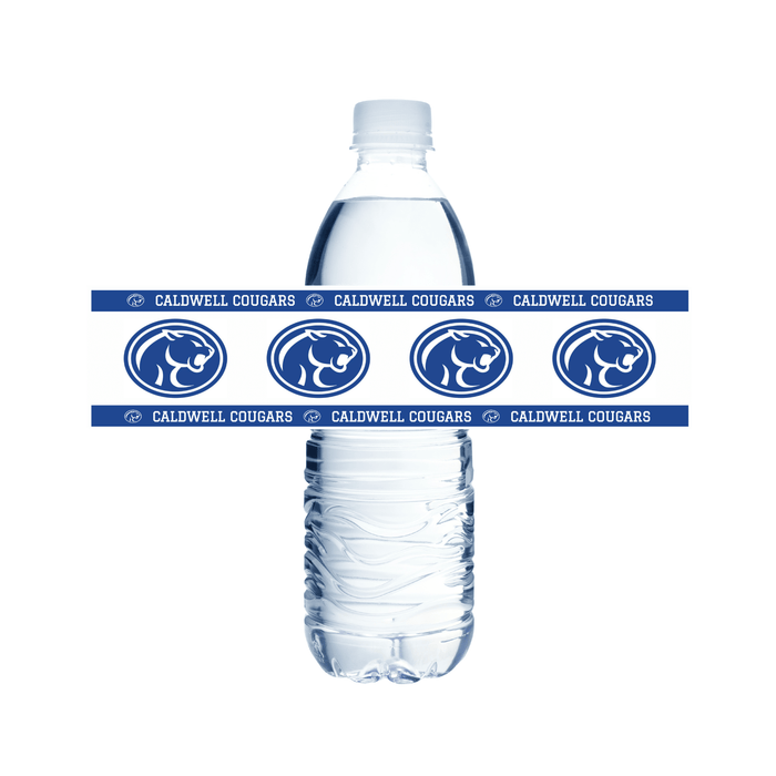 Two clear plastic water bottles with blue and white Caldwell Cougars logo bands wrapped around the middle, featuring repeated cougar head emblems and text on a white background.