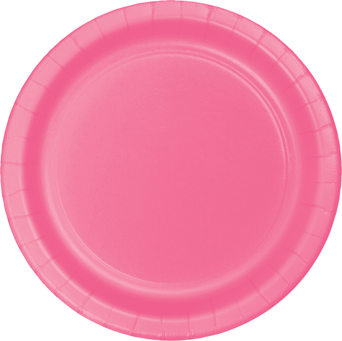 Bright pink disposable paper plate with a ridged rim and circular well, shown from above against a white background.