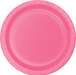 Bright pink disposable paper plate with a ridged rim and circular well, shown from above against a white background.