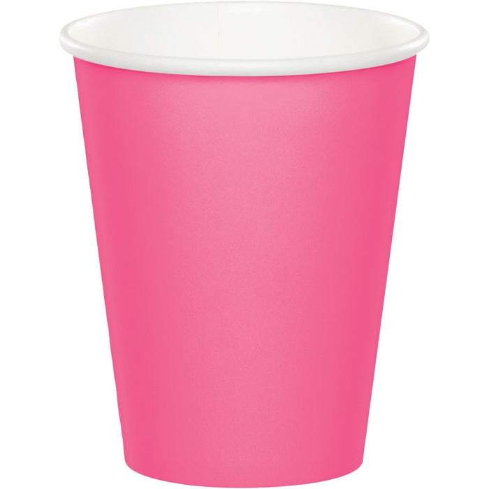 Bright pink disposable paper cup with white interior rim, 9 ounces, shown as single unit from package of 24.