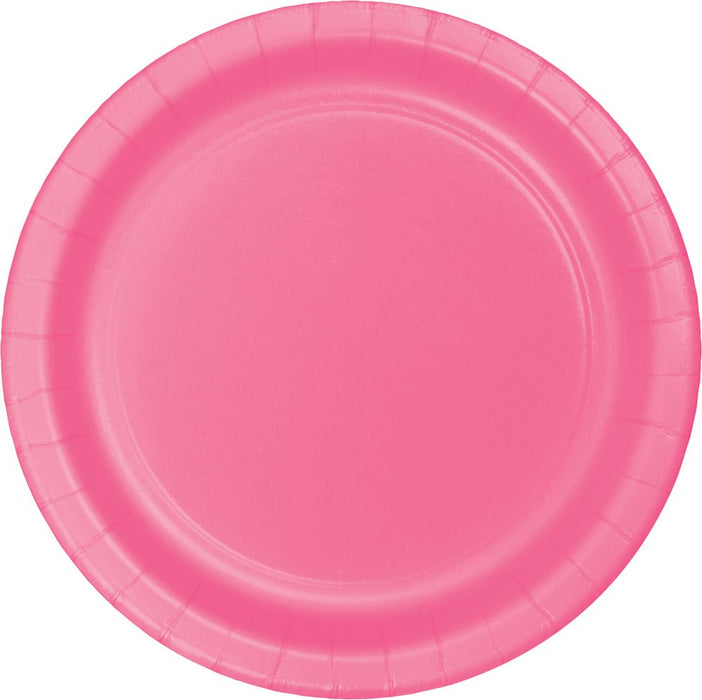 Bright pink disposable paper plate with a ridged rim and concentric circular design on a white background.