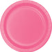 Bright pink disposable paper plate with a ridged rim and concentric circular design on a white background.