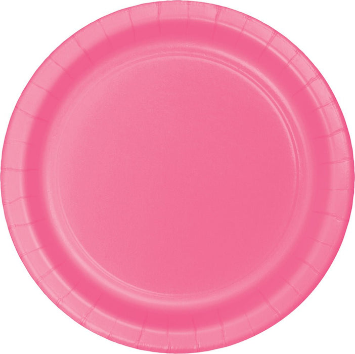 Bright pink round paper plate with ridged edges and a slightly recessed center well, designed for single-use dining and entertaining.