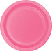 Bright pink round paper plate with ridged edges and a slightly recessed center well, designed for single-use dining and entertaining.
