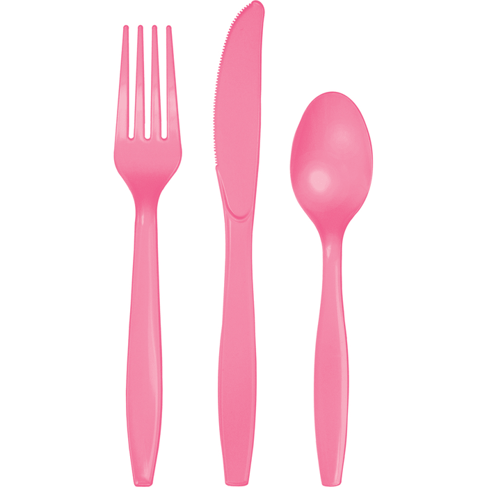 Three candy pink plastic utensils displayed vertically: a fork on the left, knife in the center, and spoon on the right.